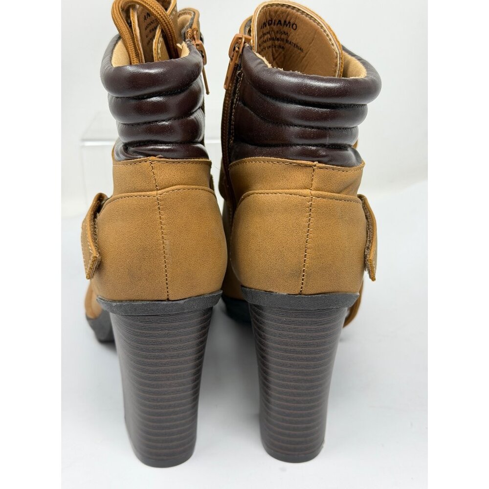Andiamo Womens Tan Lace Up Heeled Ankle Boots Size 9.5 Faux Leather Zip Booties - Picture 6 of 9